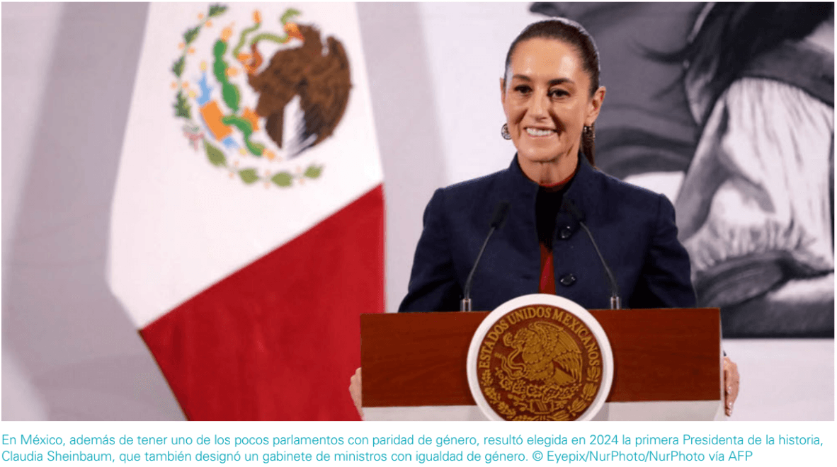 En México en 2024, tuvieron al fin una presidenta mujer, Claudia Sheinbaum, en esta imagen, además de tener uno de los pocos parlamentos con paridad de género.
